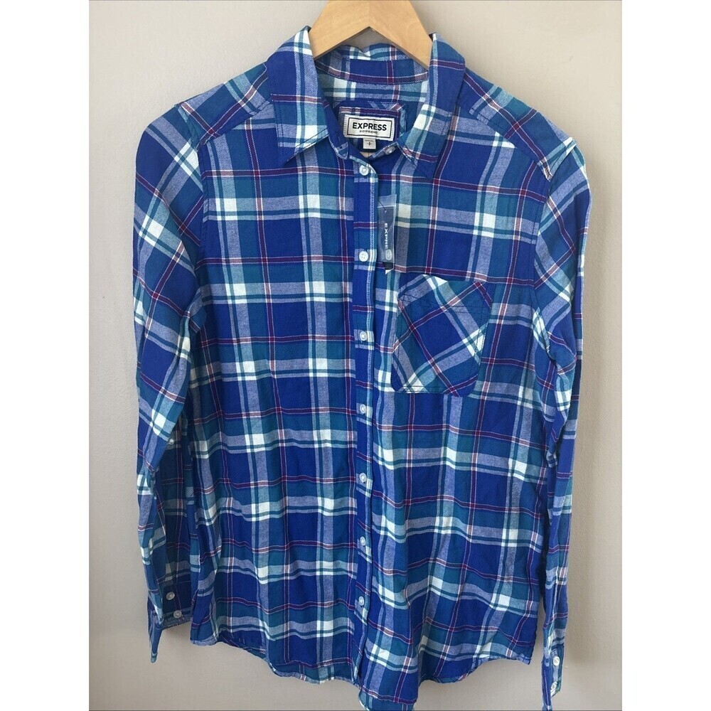 Express Women’s S Plaid Boyfriend Flannel Blue Purple Button Down NWT